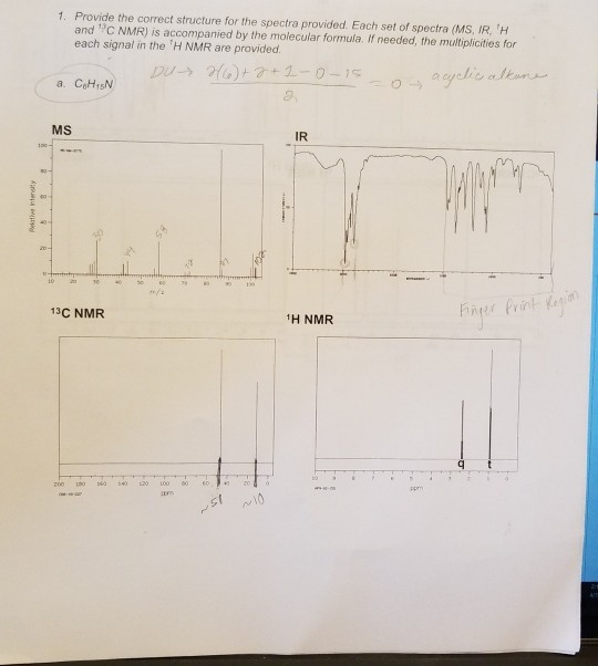 1. Provide the correct structure for the spectra provided. Each set of spectra (MS, IR, H and C NMR) is accompanied by the molecular formula. If needed, the multiplicities for each signal in the H NMR are provided MS IR ryz 13C NMR 1H NMR 2000 2 100 0