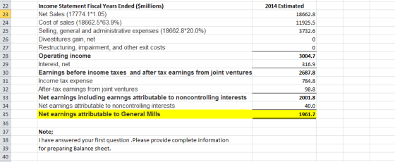 Income Statement Fiscal Years Ended ($millions) Net Sales (17774.1*1.05) Cost of sales (18662.5*63.9%) Selling, general and a