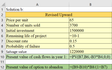 А 65 1 Solution b: Revised Upward 3 Price per unit 4 Number of units sold 3700 5 Initial investment 1500000 6 Remaining life