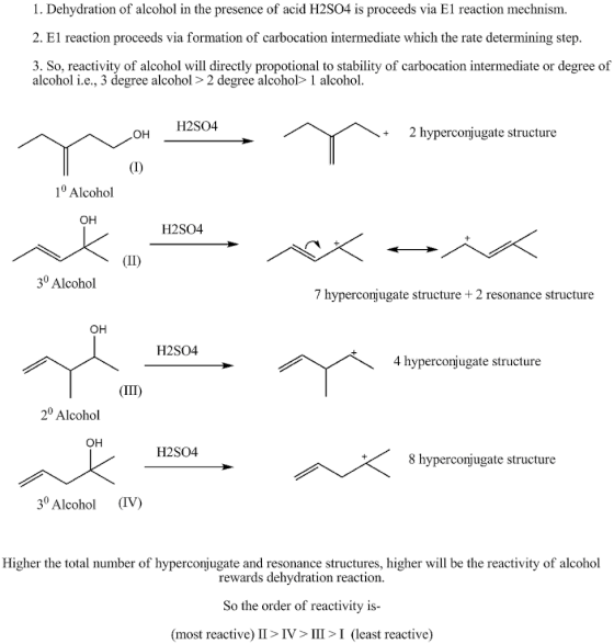 1. Dehydration of alcohol in the presence of acid H2SO4 is proceeds via El reaction mechnism. 2. E1 reaction proceeds via for