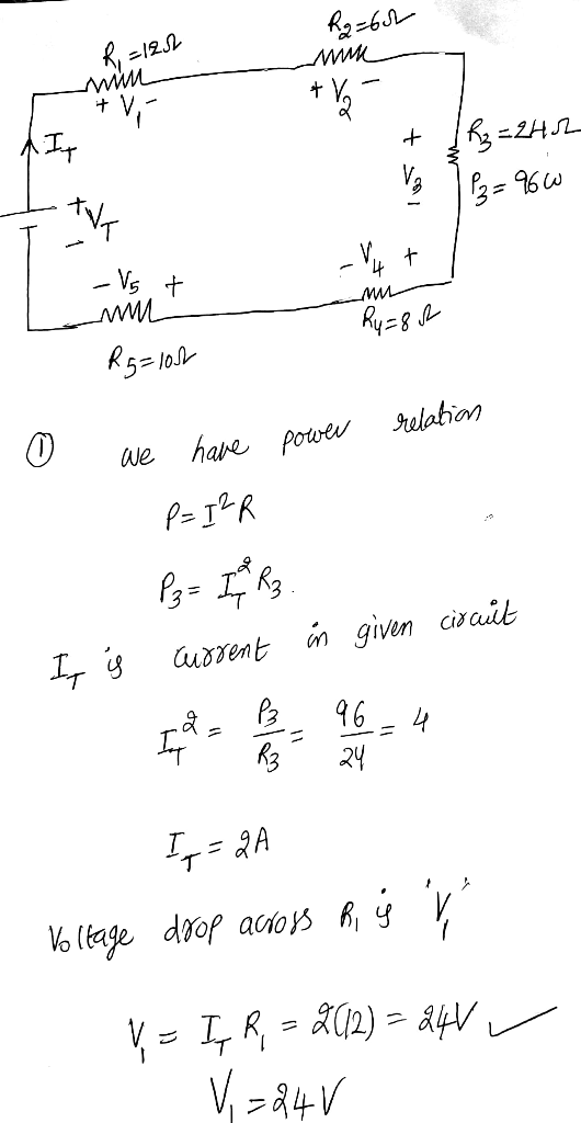Ri Ra=60t ww -122 mine + Ví tva + It R3E =2H2 P2=966 ANT + - Vst um Ry=8 R5=104 relations 0 we have power P= I²R P3= I R in g