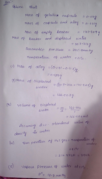 vs Given at Mass of gelatine cap sule Mass of capsule and allo Man of empity beaker = 141.209 Masi of beaker and displaced wa