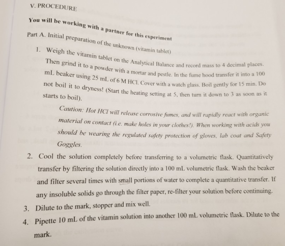 V. PROCEDURE Zou will be working with a partner for this experiment Part A. Initial preparation of the unknown (vitamin table