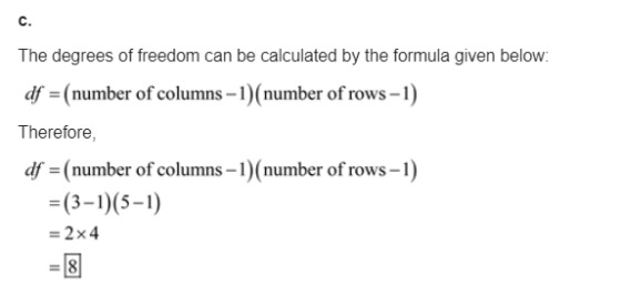 The degrees of freedom can be calculated by the formula given below: df = (number of columns - 1)(number of rows -1) Therefor