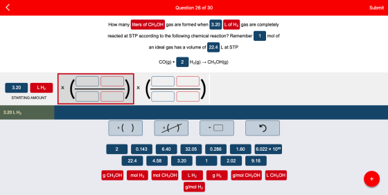 Question 26 of 30 Submit How many liters of CH3OH gas are formed when 3.20 L of Hz gas are completely reacted at STP accordin