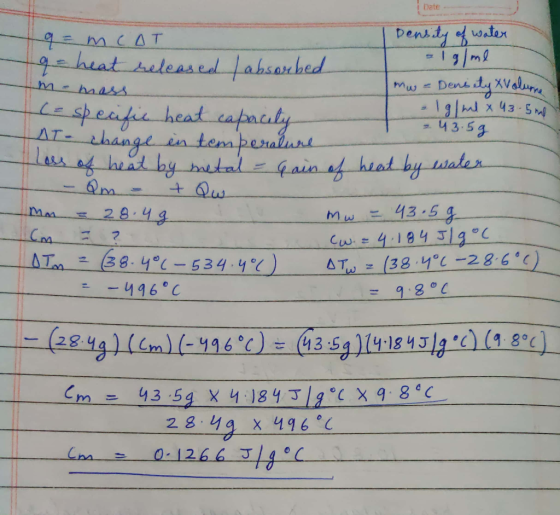 Date 19 = mcAT | Density of water alg/ml 19 = heat released absorbed Hm- mass mw - Density Volume c= specific heat capacity l