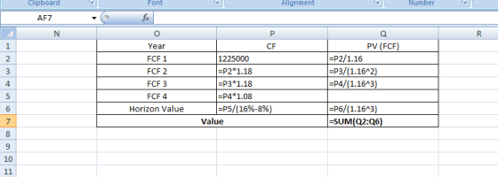 Alignment 19 Number Clipboard AF7 N Font fac Q R o Year FCF 1 FCF 2 FCF 3 FCF4 Horizon Value PV (FCF) =P2/1.16 =P3/(1.1642) =