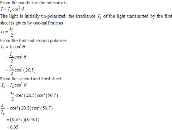 From the mauls law the intensity is The light is initially un-polarized; the imadiance I of the light transmitted by the firs