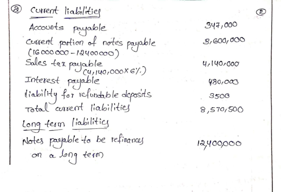 347,000 3,600,000 4,140,000 @ Current liabilities Accounts payable Current portion of notes payable (16 000 000 - 12400000) S