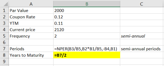A 1 Par Value 2 Coupon Rate 3 YTM 4 Current price 5 Frequency 2000 0.12 0.11 2120 semi-annual 6 7 Periods 8 Years to Maturity
