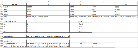 150 Project 151 Year 0 10000 6000 4000 8000 152 Year 1 1600 1300 -1500 -2000 153 Year 2 4000 5000 4000 5000 154 Year 3 8000 1