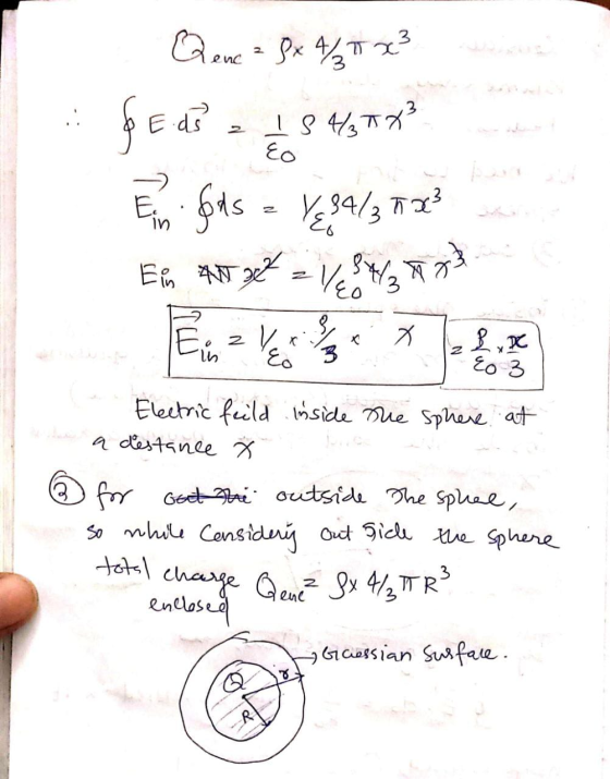 Rene ² 8x4/35 x ² & E. d3 = 48 4x² Ein fods = 1, 34/ 3 ² Ein A x² = 1, 84/ 23 EO To 3 - Electric feild inside the sphere at a