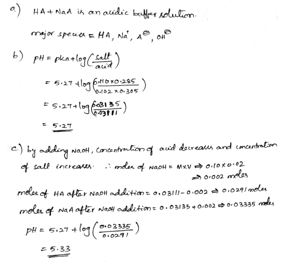a) HA+ nad is an acidic beaffer solution OH major species a HA, Na, A b) pH = pkatlog Sale) =5127 log fil 0x002855) 55.27+ lo