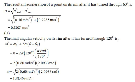 The resultant acceleration of a point on its rim after it has turned through 60 is, = f0.36 m/s2)2-(0.7235 m/s) = 0.8081 m/