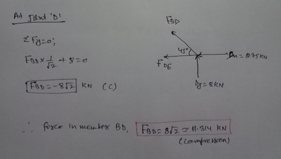 Art Jant DI {fy=0; FBox 1 / +8=0 tu 8.75 kn EDE (FBD = -852 KN (C) Dy = 8kN force in member BD, IFB-8 ~ 11.314 KNI (compre