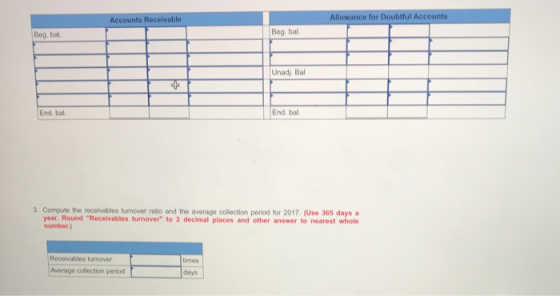 Accounts Receivable Allowance for Doubtful Accounts Bog, bal Unadj. Bal [End bal. 3. Compute the receivables turnover ratio a
