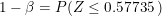 \small 1-\beta = P(Z \leq0.57735\:)