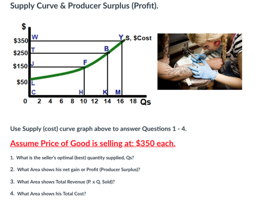 Supply Curve & Producer Surplus (Profit). YS, $Cost $350 $250I $150 K M 0 2 4 6 8 10 12 14 16 18 Qs Use Supply (cost) curve graph above to answer Questions 1-4. Assume Price of Good is selling at: $350 each. 1. What is the sellers optimal (best) quantity supplied, Qs? 2. What Area shows his net gain or Profit (Producer Surplus)? 3. What Area shows Total Revenue (P. x Q. Sold)? 4. What Area shows his Total Cost?