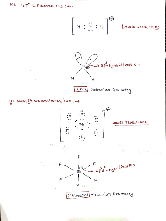 (a). H2F C Fluoronium) !%. Lewis St suchowe V sp-Hybridization Bent Molecular Geometry (6) Hexa fluoro antimony Son! . معيا +
