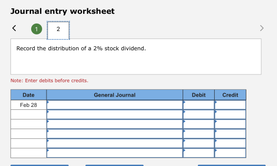 Journal entry worksheet 2 1 Record the distribution of a 2% stock dividend. Note: Enter debits before credits. Date General J