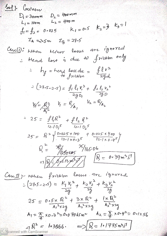 Solf Couren Di= Boomm D₂ = 400mm 4 = 100m 22 = 400m fi=f2 = 0.025 ki=0.5 K₂= 2 kg=1 ZA =2,5m ZB = 2705 Case(i); hehen Minor l