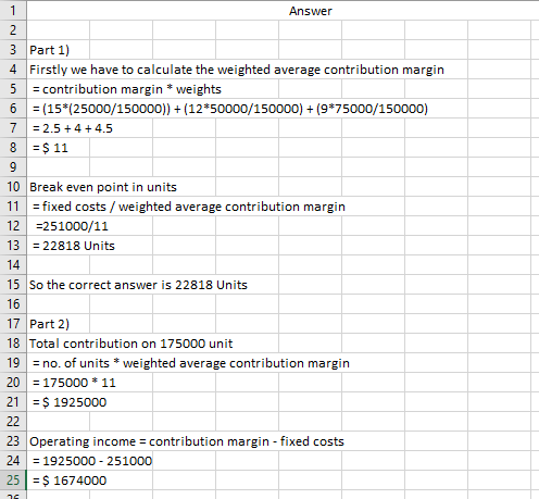 1 Answer 2 3 Part 1) 4 Firstly we have to calculate the weighted average contribution margin 5 = contribution margin * weight