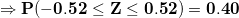 \small \small \mathbf{\Rightarrow P(-0.52\leq Z\leq 0.52)=0.40}