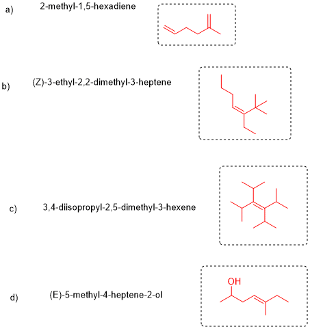 a) 2-methyl-1,5-hexadiene b) Z)-3-ethyl-2.2-dimethyl-3-heptene 3.4-disopropyl-2,5-dimethyl-3-hexene он (E)-5-methyl-4-heptene