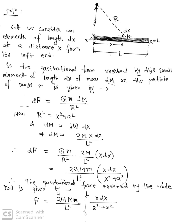 soln: dx • X - Let us consider an elementh of length dx x x L at a distance x from K L its left end. . So the gavitational fo