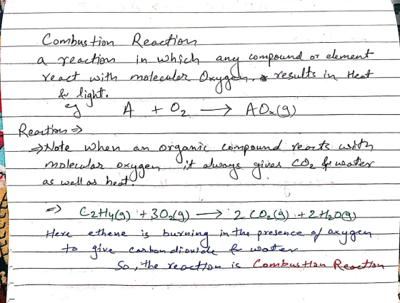 Combustion Reaction a reaction in which any compound or element react with moleculer Oxygens results in Heat & light. . g A +