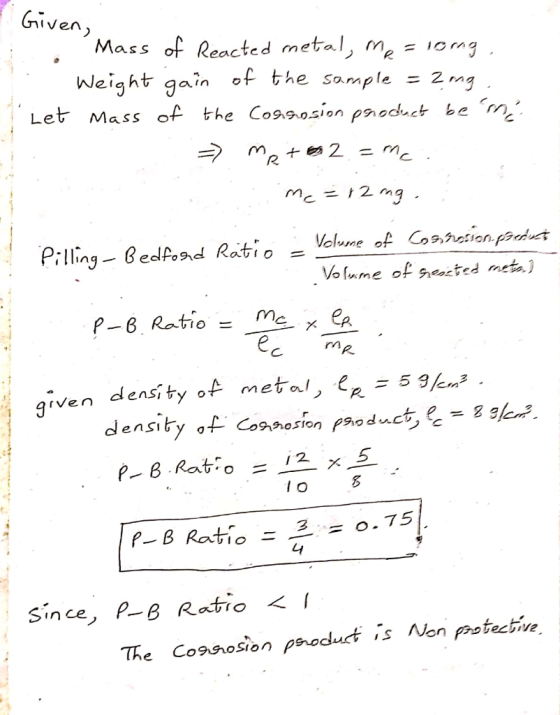 Given, Mass of Reacted metal, me Weight gain of the sample = 2 mg Let Mass of the CosA0sion paoduct be me 2 - m Velume of Cos