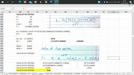 05:07 C w ? ENG 66 01-08-2020 35 Х BG302 . AV AY AZ BA BB BC BD BE BF. BG BH 284 AW AX VALUE OF PUT OPTION S= 50 285 K= 41 r=