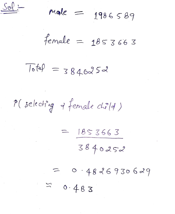Soli male = 1986 589 female = 1853 663 Total = 3846252 PC Belecting 7 female child) = 185 366 3 38 40252 = 0.4826930 629 ss 0