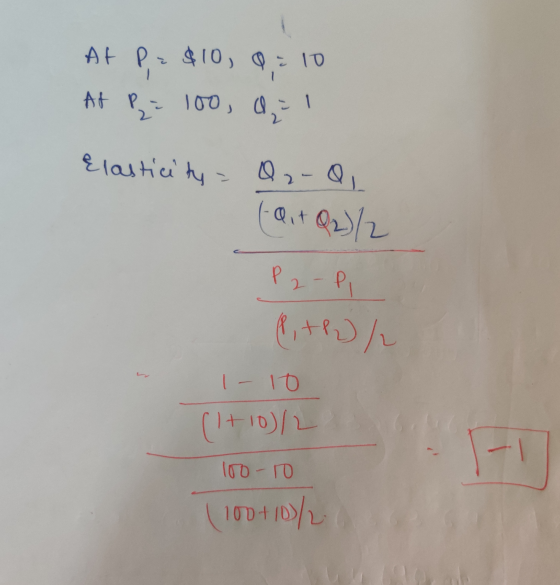 At P = $10, Q = 10 At Pz 100, a = 1 Elasticity - Q2-Q, (ait Q2/2 P2-P P+P / 1-10 (+10)/2 100-10 (100+1D)/2