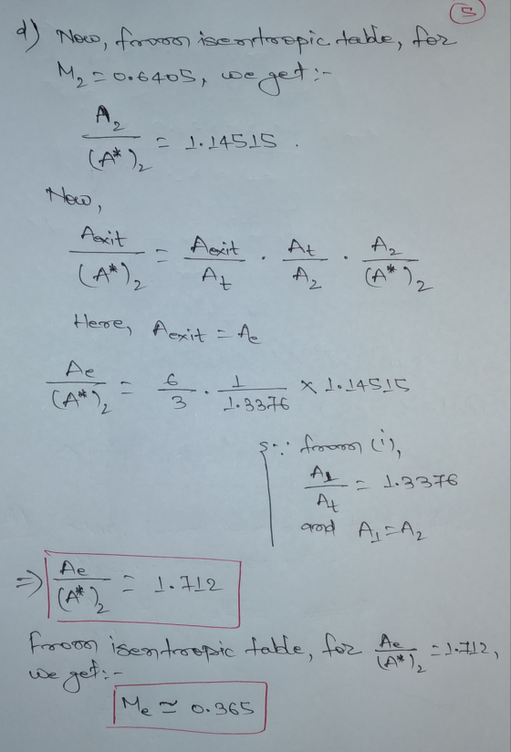 Now, from isentropic table for M₂ = 0.6405, we get :- A. 2 - 1.14515 (AT), How, Axit Aexit At (A*), Az 12 At AL (A* ) Here, d