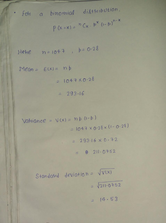 Fot a bimomial disttibution Hehe n-10++ , b=0.28 293-16 1047 × 0.28x(1-0-28) ニ293-16 × 0.72 = θ 211-0752 Standand deviation V