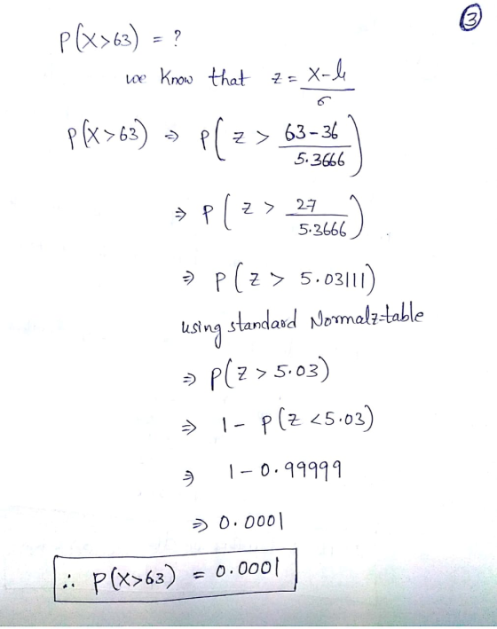 P(X>63) = ? we know that z=X-le P[X363) plz > 63-36 5.3666 > P(Z > 1240) » P(Z > 5.03111) ible using standard Normalz-table S