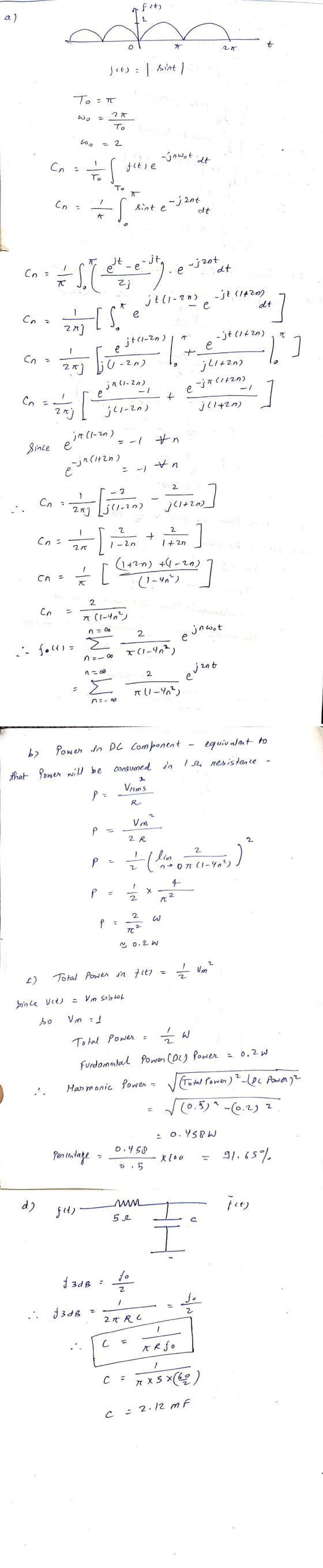 fit a) 1 t 0 RT gets | sint , To = π wo To = 2 - jowot dt Cn : fitse To To Co sint e - jant dt A jt - jt. Cn = ST ujant dt 2;