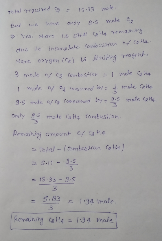 Total required og = 15.33 mole. But we have only gos mole og > yes, there is still o Ha remaining. due to incomplute combusti