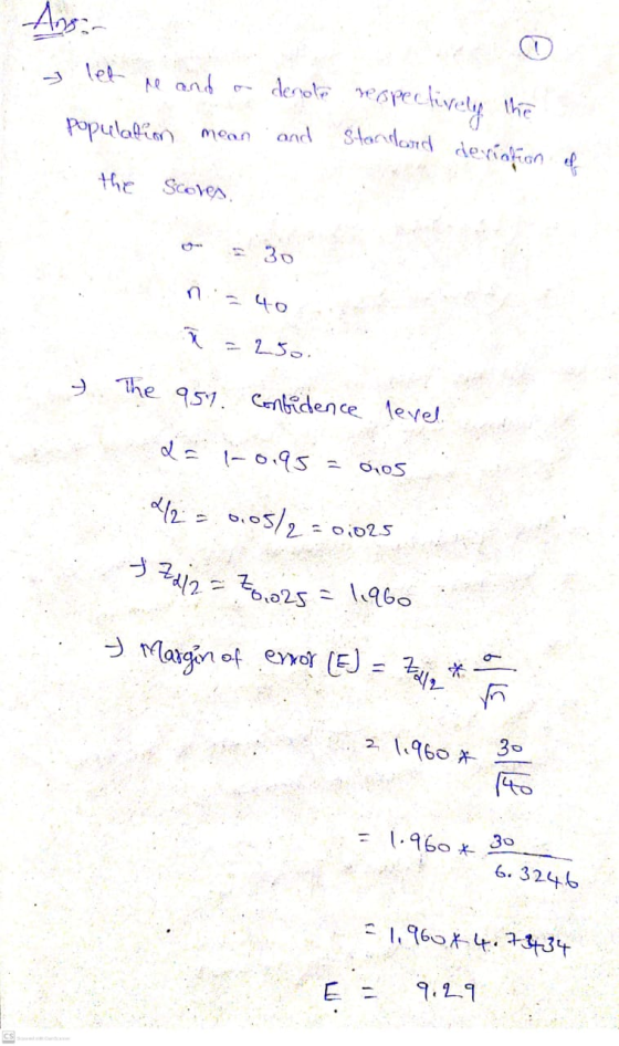 + zein Ansar let Me and on denoto respectively standard deviation of population mcan and the Scoves. 30 n - 25o. > The 951. C