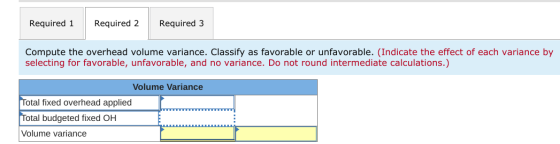 Required 1 Required 2 Required 3 Compute the overhead volume variance. Classify as favorable or unfavorable. (Indicate the ef
