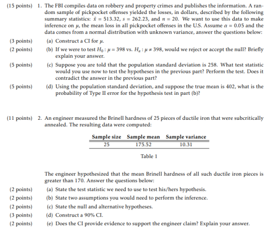 (15 points) 1. The FBI compiles data on robbery and property crimes and publishes the information. A ran- dom sample of pickp