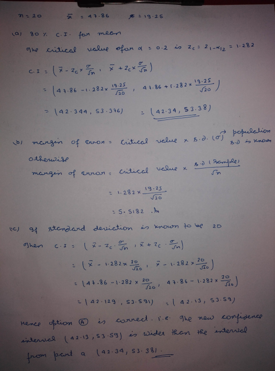 n = 20 = 47.86 5 - 19.25 la) 80 % C. I for mean The critical value ofor a = 0.2 is zo = 21-212 = 1.282 C. I = (7-2ct / Y + 2(