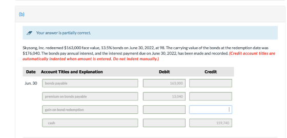 (b) Your answer is partially correct. Skysong, Inc. redeemed $163,0000 face value, 13.5% bonds on June 30,2022, at 98. The ca