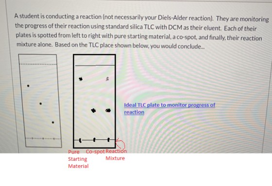 A student is conducting a reaction (not necessarily your Diels-Alder reaction). They are monitoring the progress of their rea