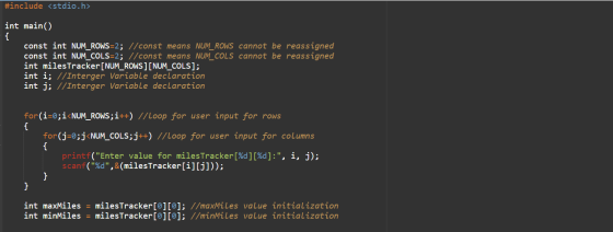 #include <stdio.h> int main() { const int NUM_ROWS=2; //const means NUM_ROWS cannot be reassigned const int NUM_COLS=2; //con