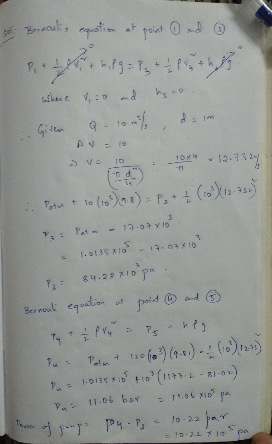 sel: Bernoulis equation at point OadD. . . . . . 17 where 120 and up=0. Giter a = 10 m/s, dim. AN V = 10 10 Tag ** = 12.73 24