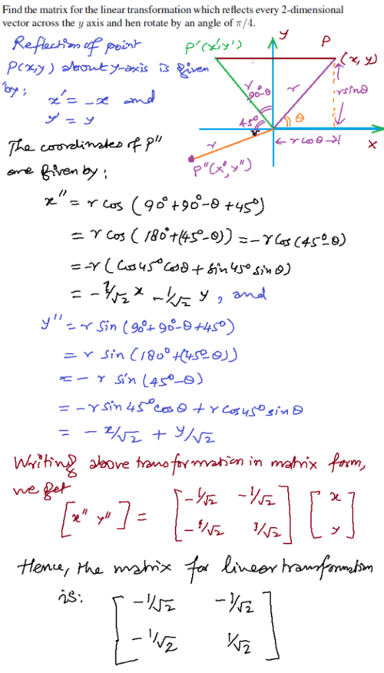 Find the matrix for the linear transformation which reflects every 2-dimensional vector across the y axis and hen rotate by a