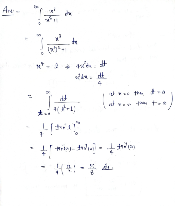 00 Ans: - 23 dre 8 x+1 こ 263 dhe (X4)2 + 1 8 get + 4 u du = dt u du = dt 4 at u=0 then Izo dt 46#*+1) at a=0 then t=0 A= = ta