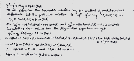 ul 1 to y -y + 196y = 14 sim (144) We will deformine the particular solution by the method of undetermined coefficients. Let